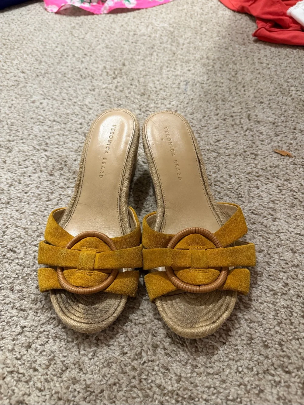 Veronica Beard Yellow Suede Espadrille Slide Sandals with Woven Buckle